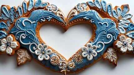 Decorative heart shaped gingerbread cookies with blue and white icing.