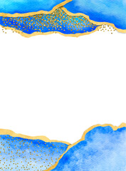 Royal blue watercolor paint brush glitter gold for wedding elements, or card templates for greetings or invitations on valentine's Day background.Colorful hand painted texture. 