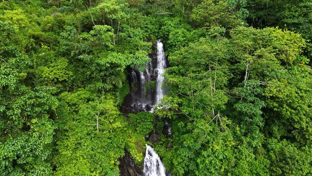 Aerial view of Banyumala Waterfall in Buleleng, Bali, Indonesia.