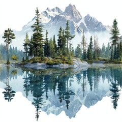 painting of a mountain with trees and a lake