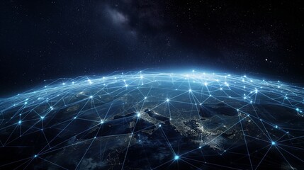 A conceptual image representing a network of connections over Earth, denoting the internet and global communication