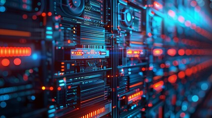 Fototapeta premium Close-up of data center server racks illuminated with blue and red lights, showcasing modern network hardware technology.