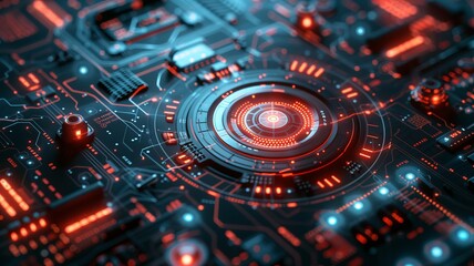 Close-up view of a futuristic circuit board with glowing red and blue lights, showcasing advanced technology and intricate design.