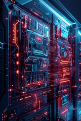 Obraz premium Close-up of server rack with glowing cables and circuits, showcasing high-tech network infrastructure in vibrant blue and red lighting.