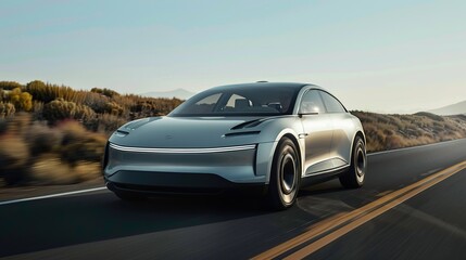 A silver electric car on the way, a clear sky. copy space for text.