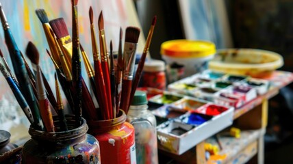Fototapeta premium collection of art supplies, including paintbrushes, watercolors, and sketchpads, arranged on a table