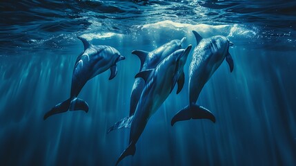 Fototapeta premium Fantastic detail in the deep clear blue water Three dolphins enjoing together Clear blue ocean water and sunlight beneath the surface of water in the background : Generative AI