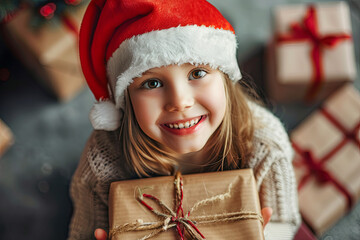 Smiling girl in Santa hat holding many gifts for Christmas and New Year