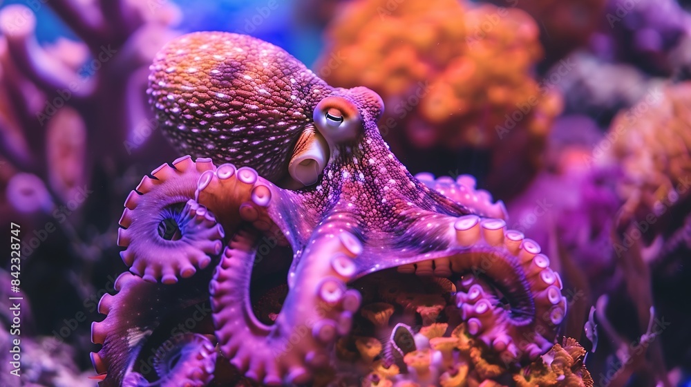 Poster the magnificent octopus perfectly accepts the color of the purple coral reef demonstrating the skill
