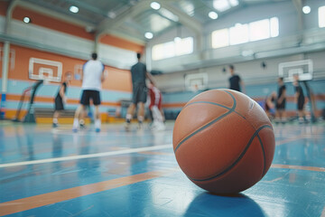 People playing basketball game at indoor sports gym, recreation and training