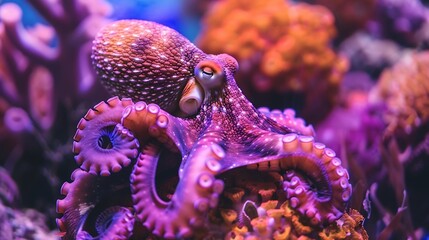 The magnificent octopus perfectly accepts the color of the purple coral reef demonstrating the skill of camouflage : Generative AI