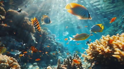 Colorful tropical fish in coastal waters Life in a coral reef Animals of the underwater sea world Ecosystem : Generative AI