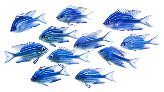 Shool of blue tropical striped fish in the ocean isolated on white background Caesio Striata Striated Fusilier swimming deep underwater in Red Sea Flock of tropical blue fish cut out : Generative AI - Powered by Adobe