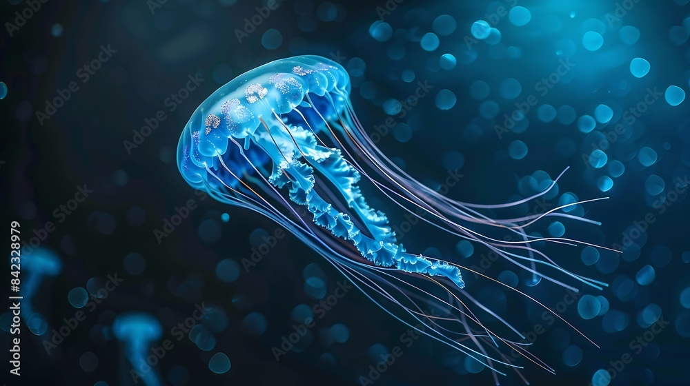 Poster jellyfish floating in the oceansea the light passes through the water creating a volumetric ray effe