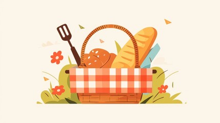 Fototapeta premium A charming and whimsical wooden picnic basket icon presented in a cartoonish and flat design perfect for web use and set against a clean white backdrop
