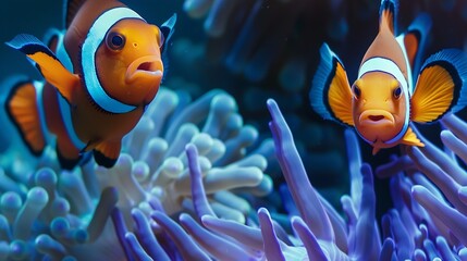 two clown fish underwater look out of a blue anemone : Generative AI