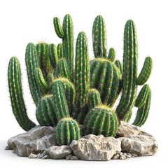 group of cactus plants sitting on top of a pile of rocks