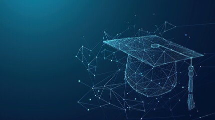 Abstract low poly wireframe of digital modern education concept with graduation hat on blue background Digital illustration symbol for online learning. copy space for text.