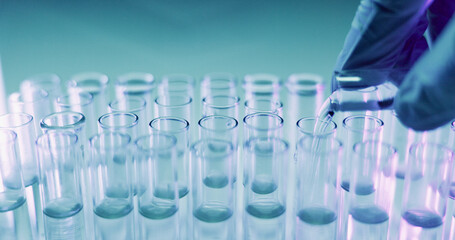 Healthcare, science and hands with glass tube in lab for chemistry research, testing or investigation. Medicine, innovation and scientist person with sample for chemical, development or medical exam