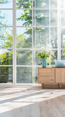 Fototapeta premium Elegant modern sideboard next to a window in a room bathed with natural lighting. Home interior composition.
