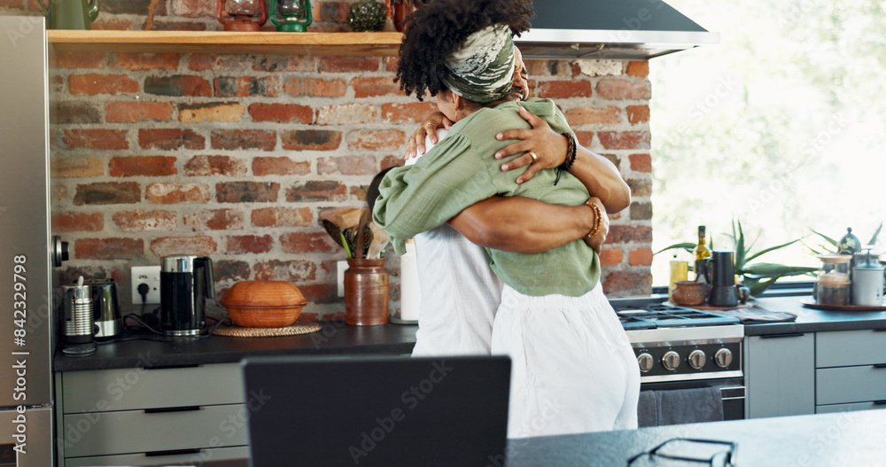 Poster Kitchen, happy and couple hug in home for bonding, loving relationship and commitment together. Dating, marriage and man and woman embrace for affection, romance and love for new house or apartment