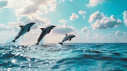 Fototapeta premium Group of dolphins jumping on the water Beautiful seascape and blue sky : Generative AI