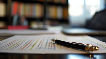 Close-up of a pen on printed financial spreadsheets with a blurred office background suggests business analysis