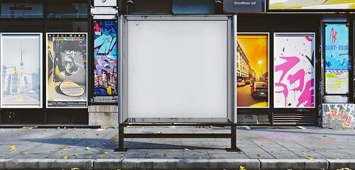 Mobile ad panel in urban setting with a large square sticker mock-up.