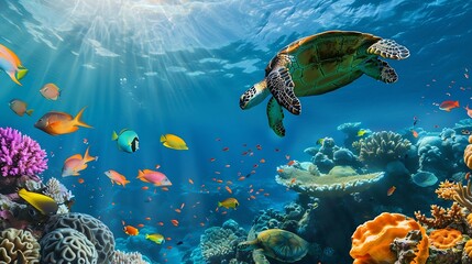 colorful coral reef with many fishes and sea turtle : Generative AI
