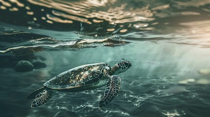 Obraz premium An endangered Hawaiian Green Sea Turtle cruises in the warm waters of the Pacific Ocean in Hawaii : Generative AI