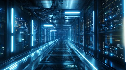 An illuminated server room with futuristic blue lights provides a glimpse into advanced technological infrastructures