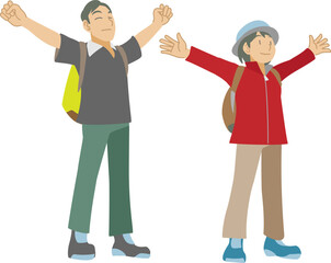 深呼吸するアウトドア好き夫婦のイラスト