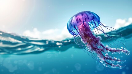 a jellyfish with a purple body and blue tentacles is swimming in the water with a blue background and a blue sky : Generative AI