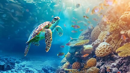 Obraz premium Underwater wildlife with animals Divers adventures in Maldives Sea turtle floating over beautiful natural ocean background Coral reef lit with sunlight trough water surface : Generative AI