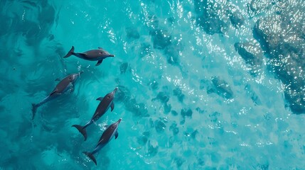 Obraz premium Aerial view of dolphins swimming through tropical blue water : Generative AI
