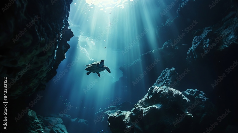 Poster An amazing sea turtle swims between underwater rocks illuminated by the piercing rays of the sun : Generative AI
