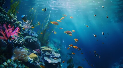 Fototapeta premium underwater coral reef landscape super wide banner background in the deep blue ocean with colorful fish and marine life : Generative AI