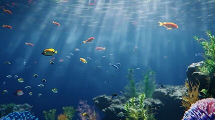Fototapeta premium underwater coral reef landscape background in the deep blue ocean with colorful fish and marine life : Generative AI