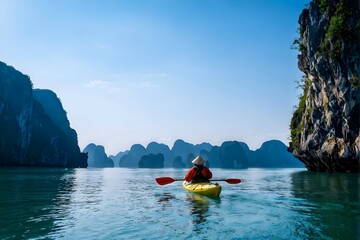 kayaker navigating through tranquil emerald waters of halong bay in vietnam