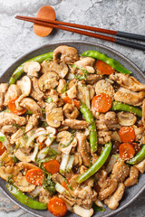 Moo goo gai pan Chinese American version is a simple stir-fried dish with thin sliced chicken, mushrooms and other vegetables closeup on the plate on the table. Vertical top view from above