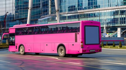Obraz premium Vibrant city scene goldenrod bus with blank ad.