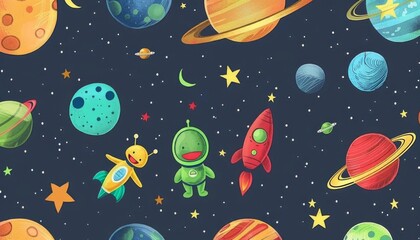 A whimsical space scene with planets, stars, rockets, and aliens. Perfect for kids' room decor, fabric, or wrapping paper.