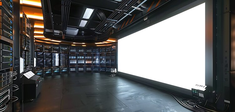 Huge panoramic blank billboard in a data center with servers and networking infrastructure.