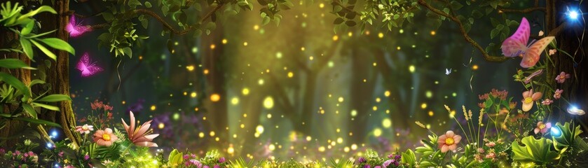 Magical forest scene with glowing particles and vibrant foliage.