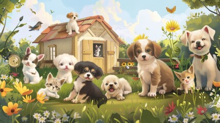 A group of adorable puppies and a bunny sitting in front of a small house in a sunny, flower-filled garden.