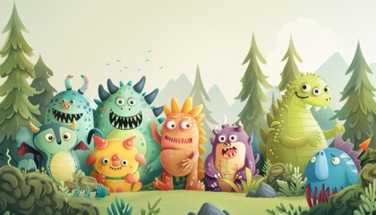 A group of friendly, colorful monsters standing in a forest clearing.