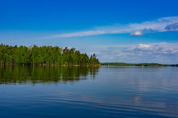 Scenic view of the lake and forest against the blue sky