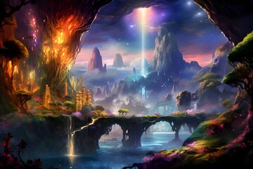 Fantasy landscape with a bridge over the river. Digital painting.