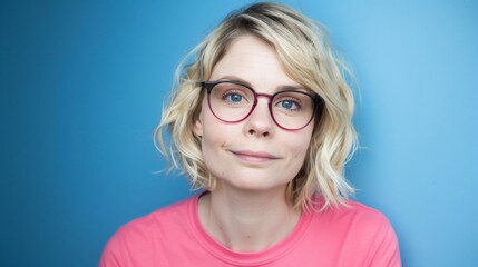 Fototapeta premium Confident Young Woman with Glasses on Blue Background Studio Portrait