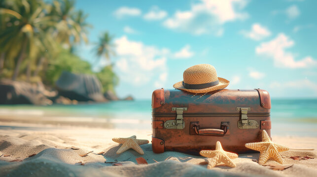 Vintage Beach Travel with Rusty luggage and hat. luggage summertime holiday vacation travel time banner background copy space area